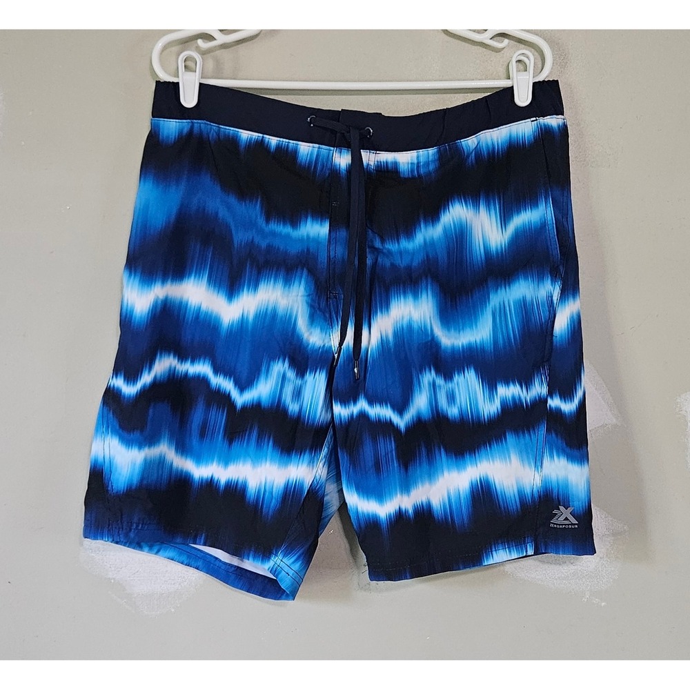 ZeroXposur Mens Swim Trunks Large Blue Black Wavy Print Board Shorts